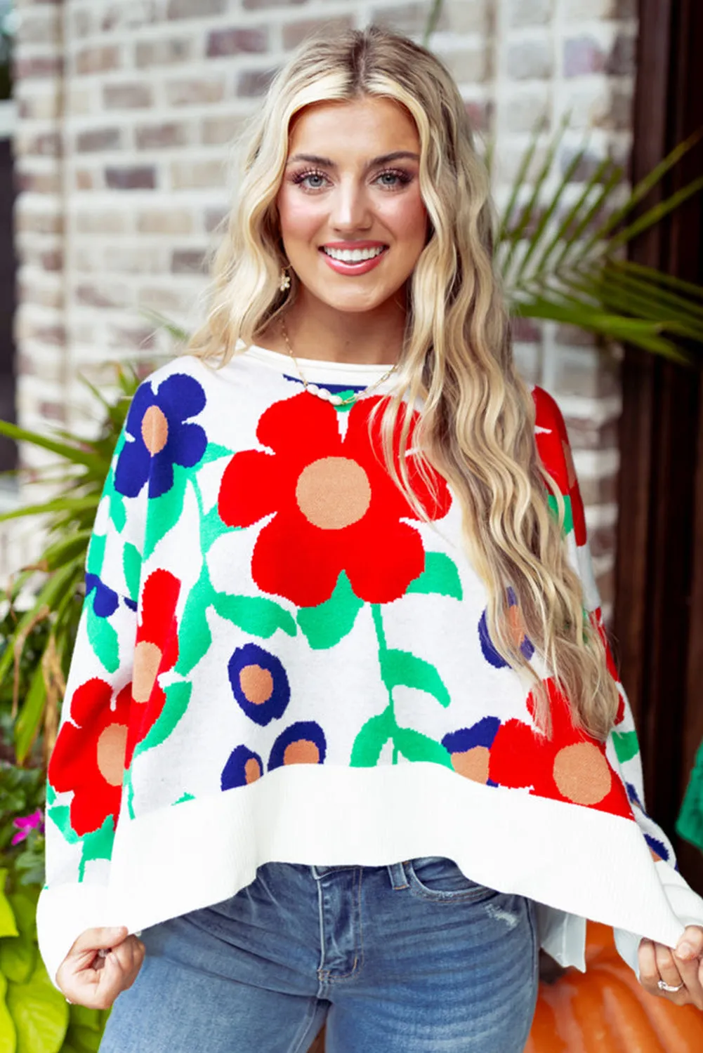 Multicolour Vibrant Flower Split Hem Loose Sweater