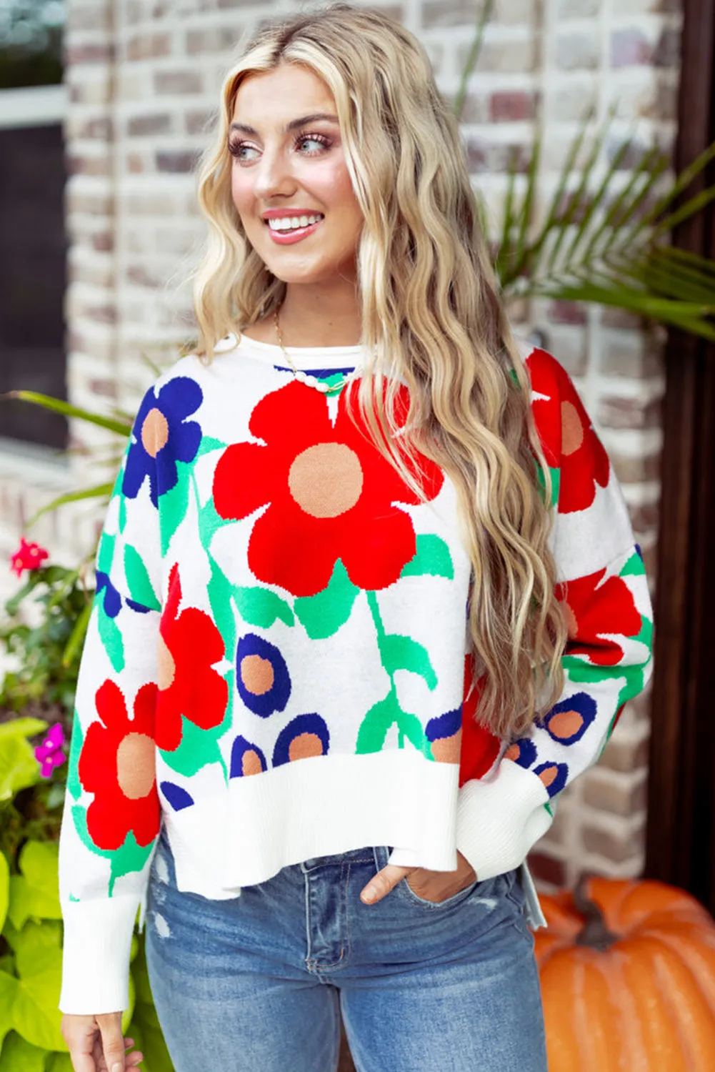 Multicolour Vibrant Flower Split Hem Loose Sweater