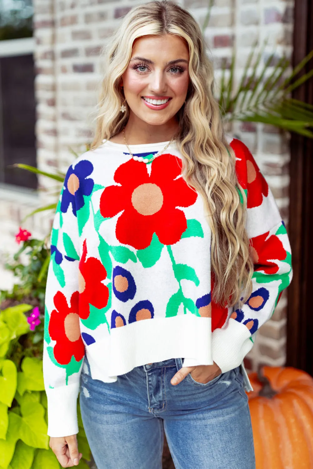 Multicolour Vibrant Flower Split Hem Loose Sweater