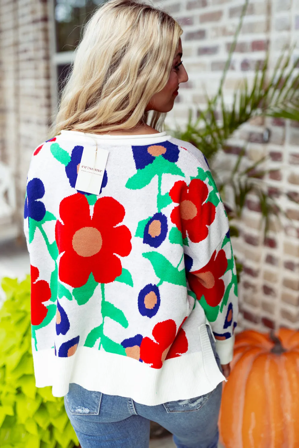 Multicolour Vibrant Flower Split Hem Loose Sweater