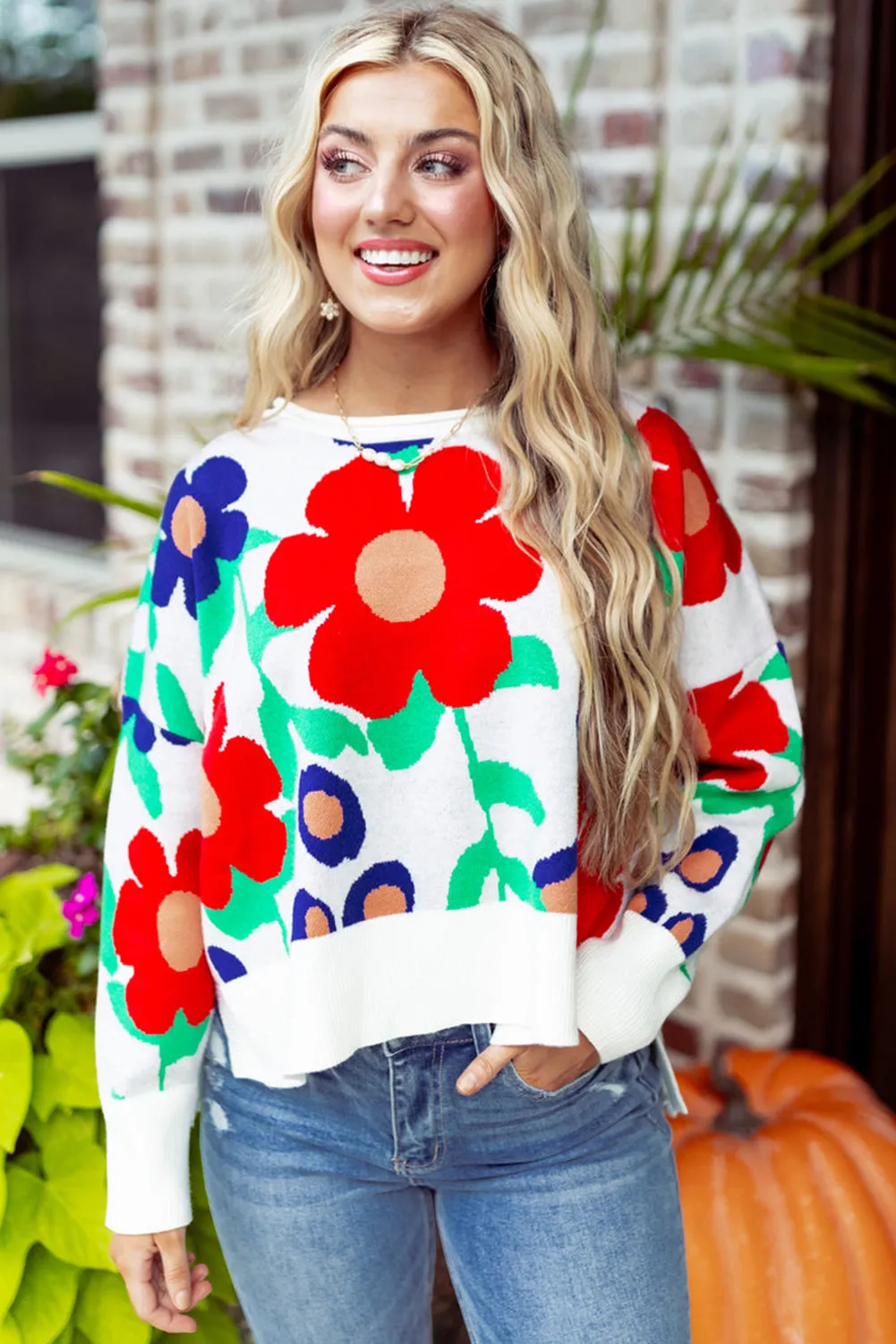 Multicolour Vibrant Flower Split Hem Loose Sweater