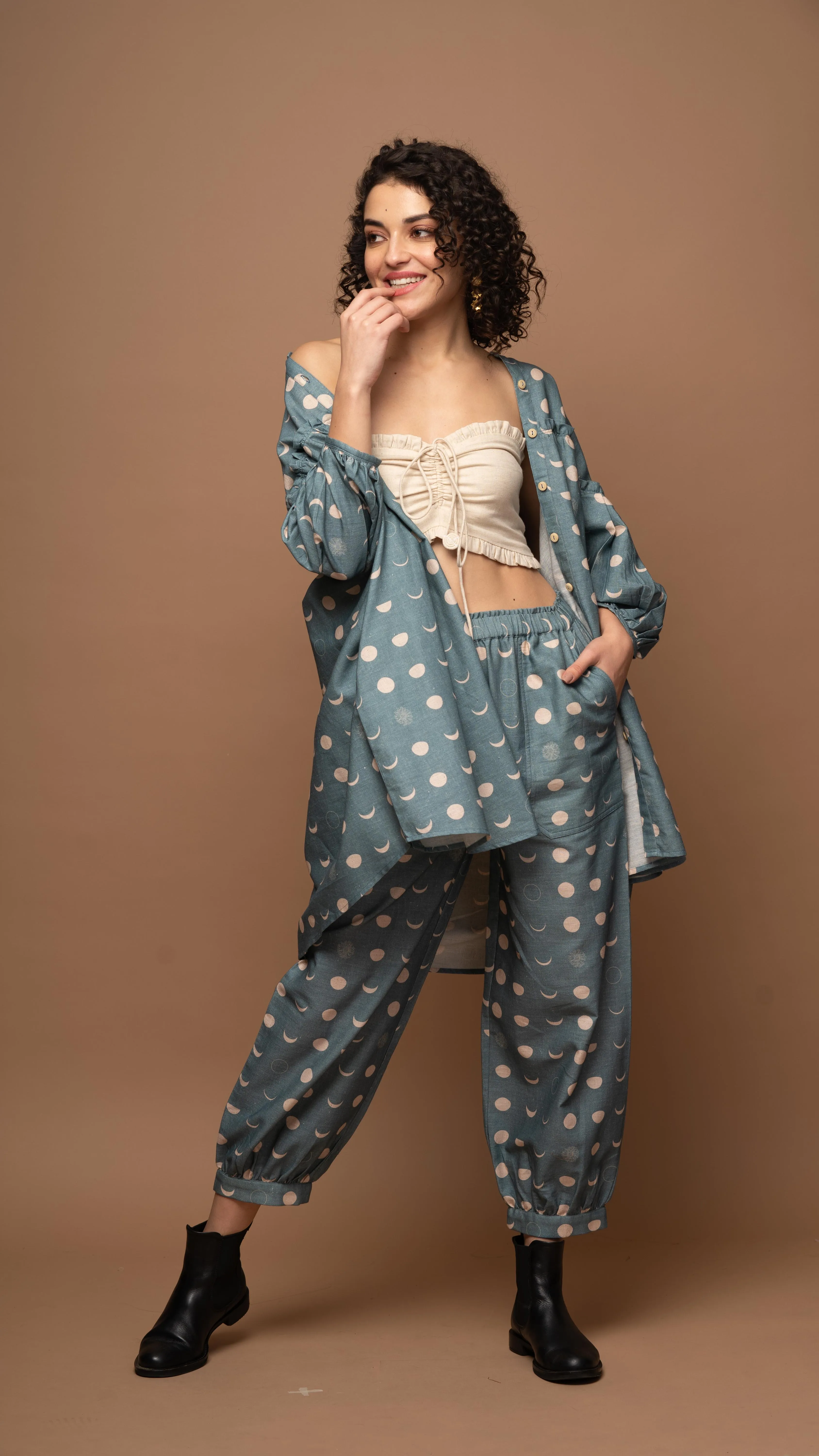 Muted Blue Tranquil Co-ord Pants Set in I will be back Pattern
