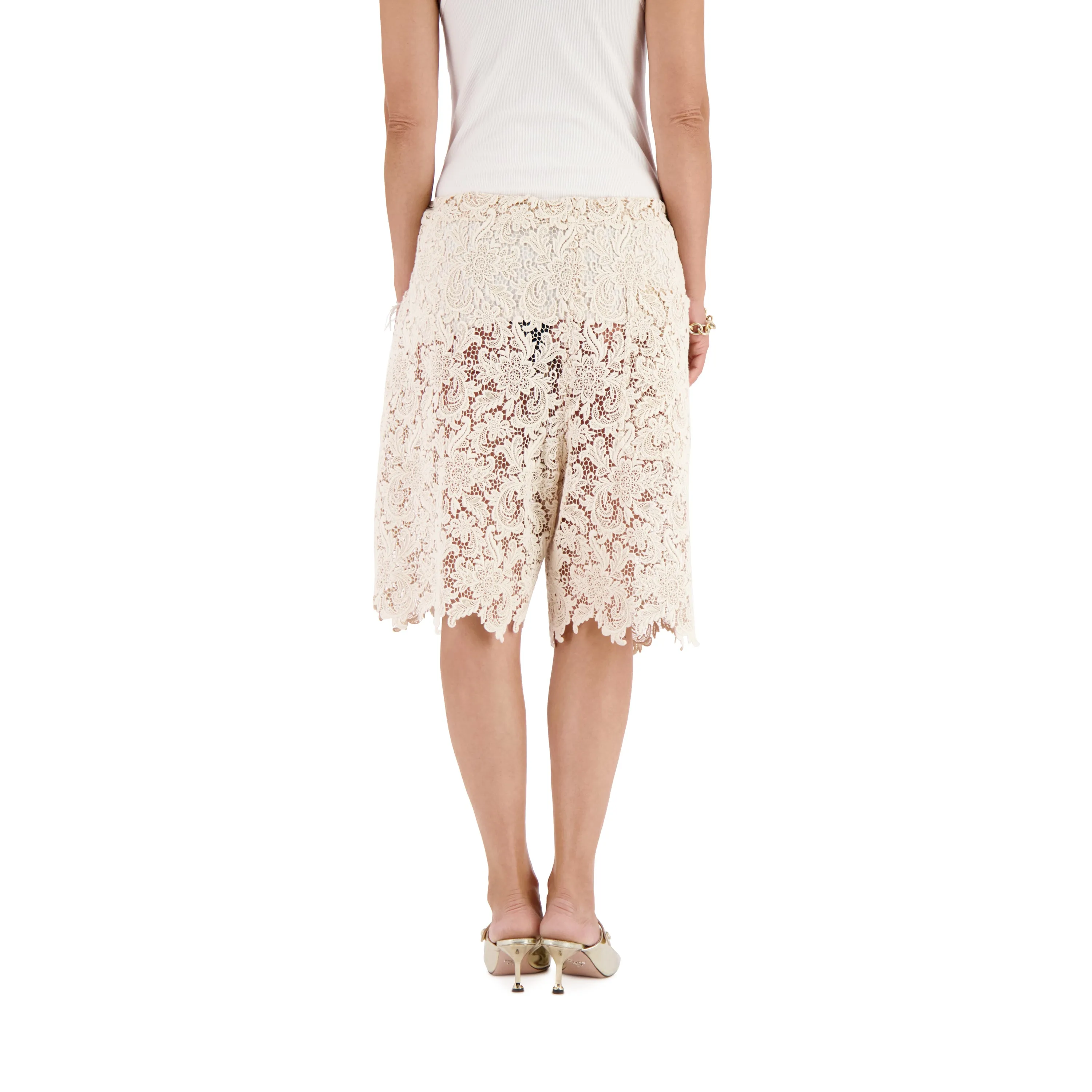Neil Exaggerated French Cotton Lace Drawstring Shorts Natural White