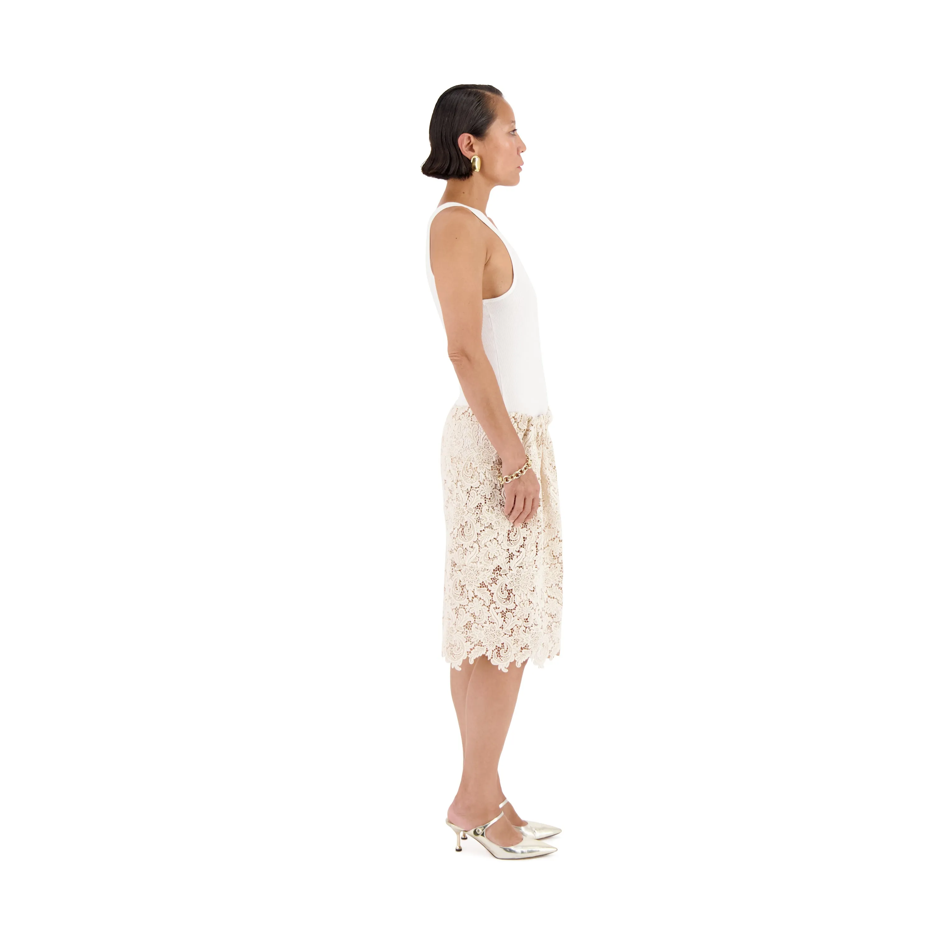 Neil Exaggerated French Cotton Lace Drawstring Shorts Natural White