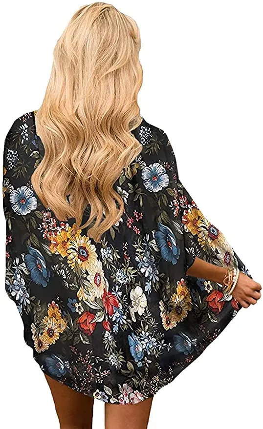 New Jiuhexuj Womens Kimono Boho Floral Print Chiffon Cardigan in Black, Sz XL!
