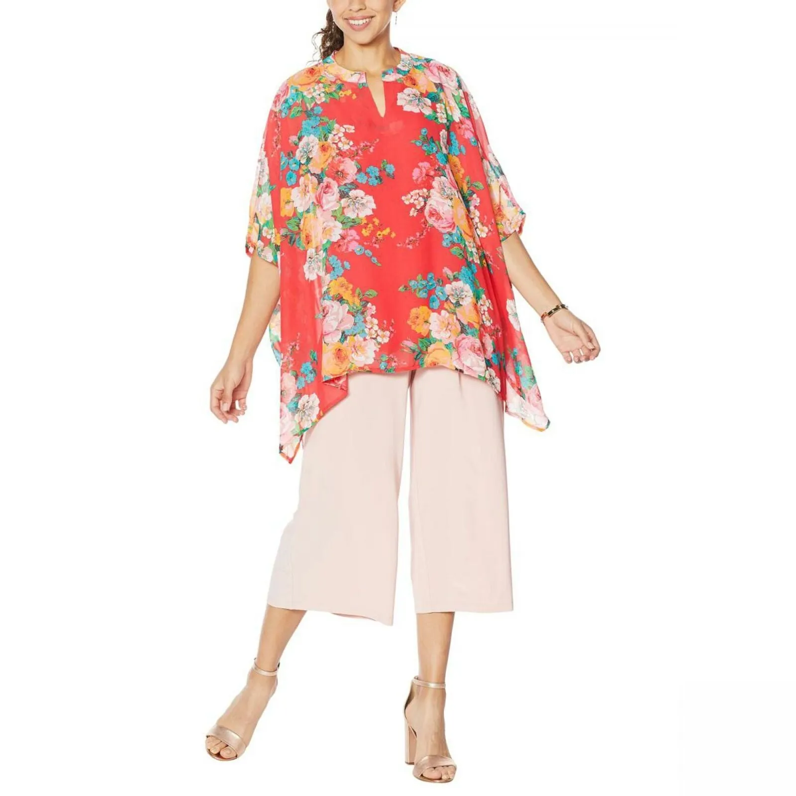 Nina Leonard Women's Printed Chiffon Kimono Tunic With Tank Top