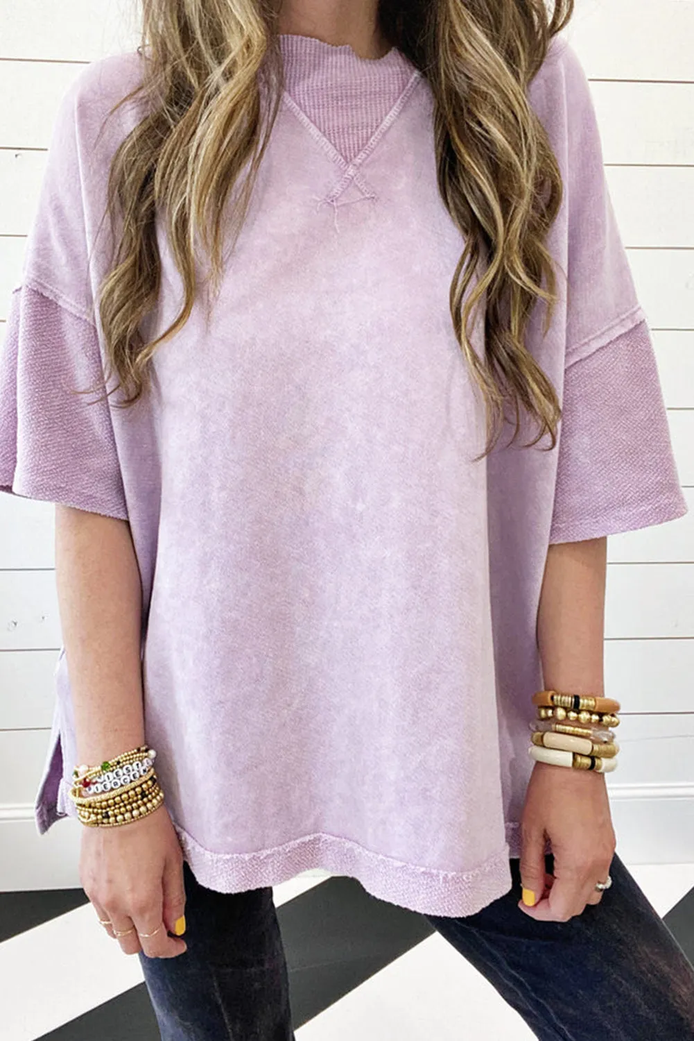 Orchid Petal Mineral Wash Exposed Seam Drop Shoulder Oversized Tee