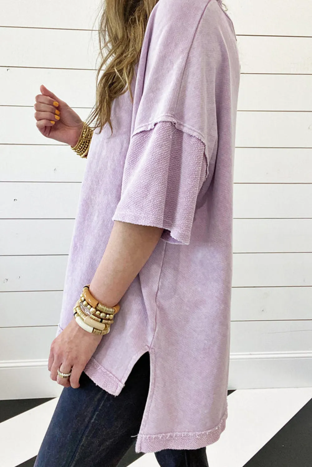 Orchid Petal Mineral Wash Exposed Seam Drop Shoulder Oversized Tee