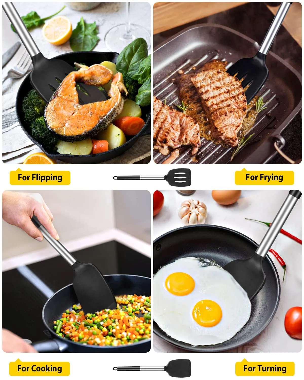 Pack of 2 Silicone Solid Turner, Non Stick Slotted Kitchen Spatulas, High Heat Resistant BPA Free Cooking Utensils, Ideal Cookware for Fish, Eggs, Pancakes (Black)