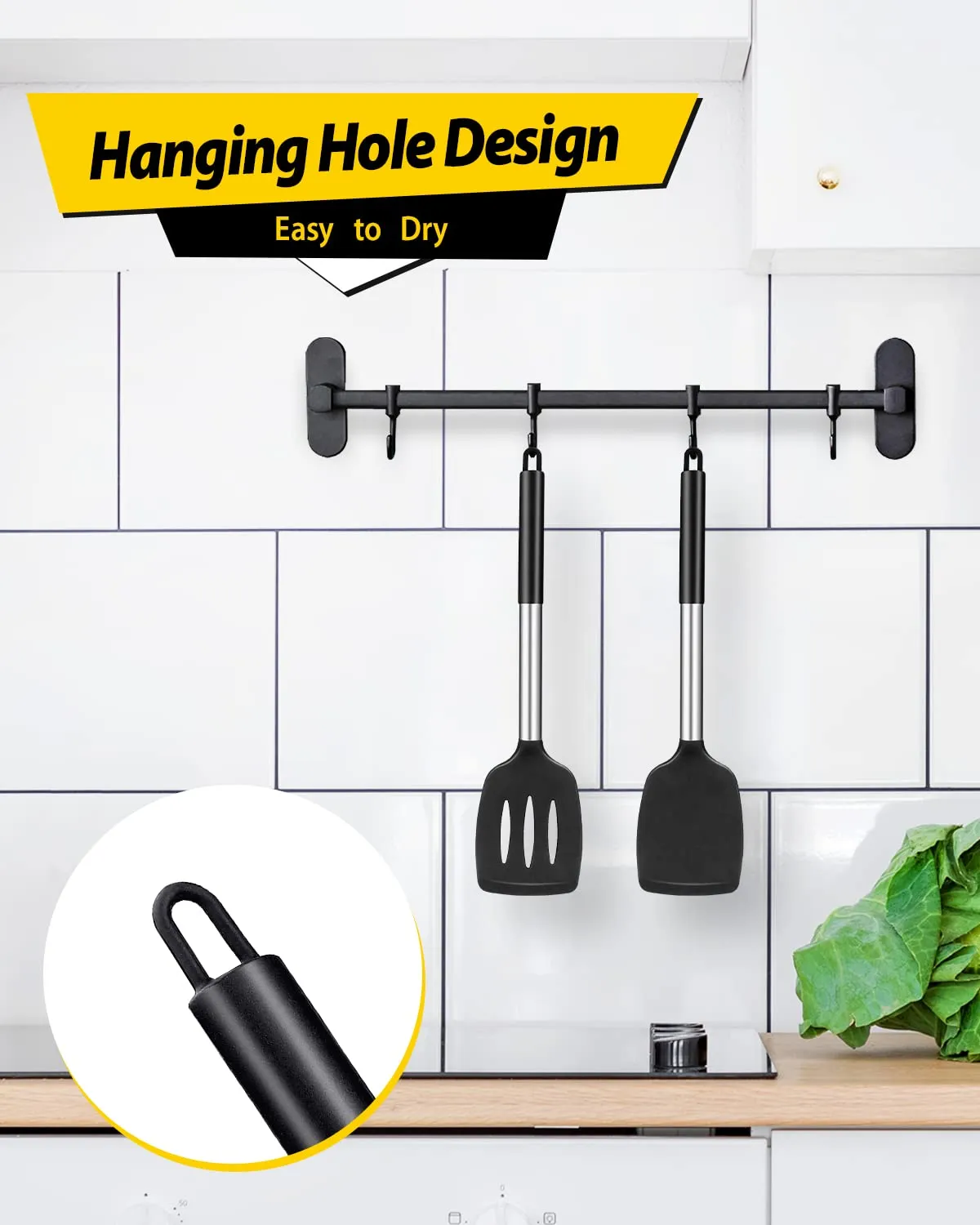 Pack of 2 Silicone Solid Turner, Non Stick Slotted Kitchen Spatulas, High Heat Resistant BPA Free Cooking Utensils, Ideal Cookware for Fish, Eggs, Pancakes (Black)
