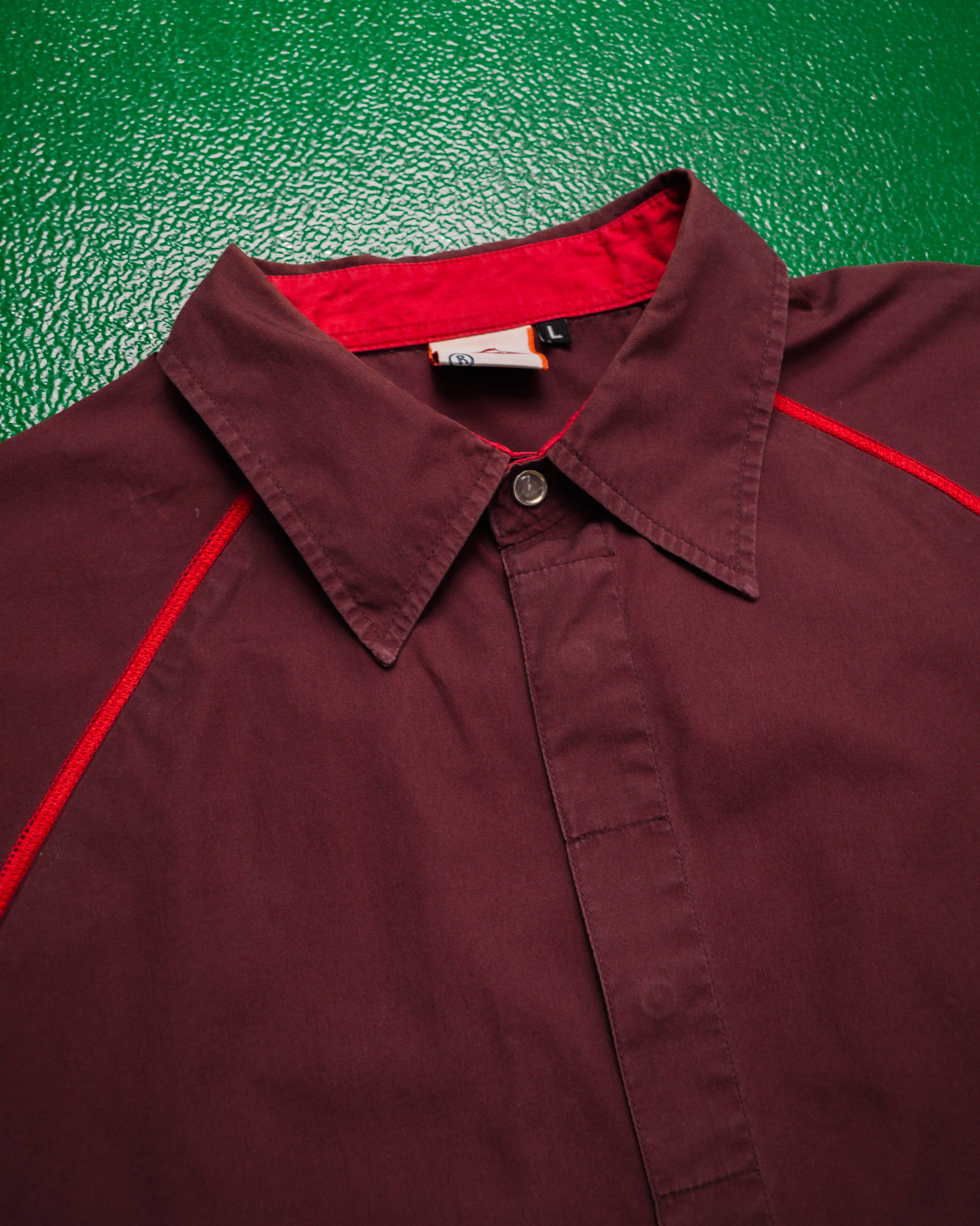 Panelled Contrast Overlocked Stitch Accent Burgundy Snap Button Shirt (L)