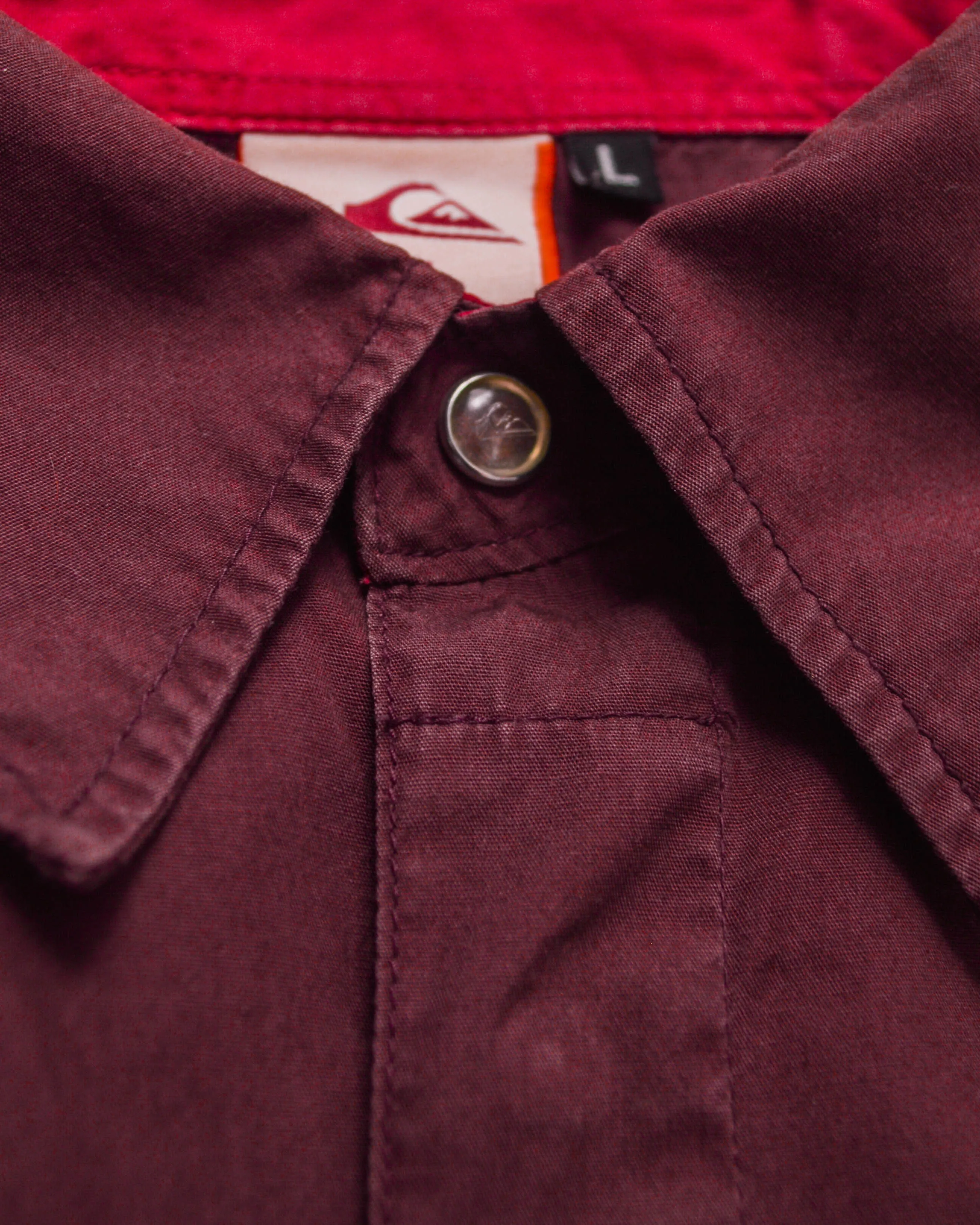Panelled Contrast Overlocked Stitch Accent Burgundy Snap Button Shirt (L)