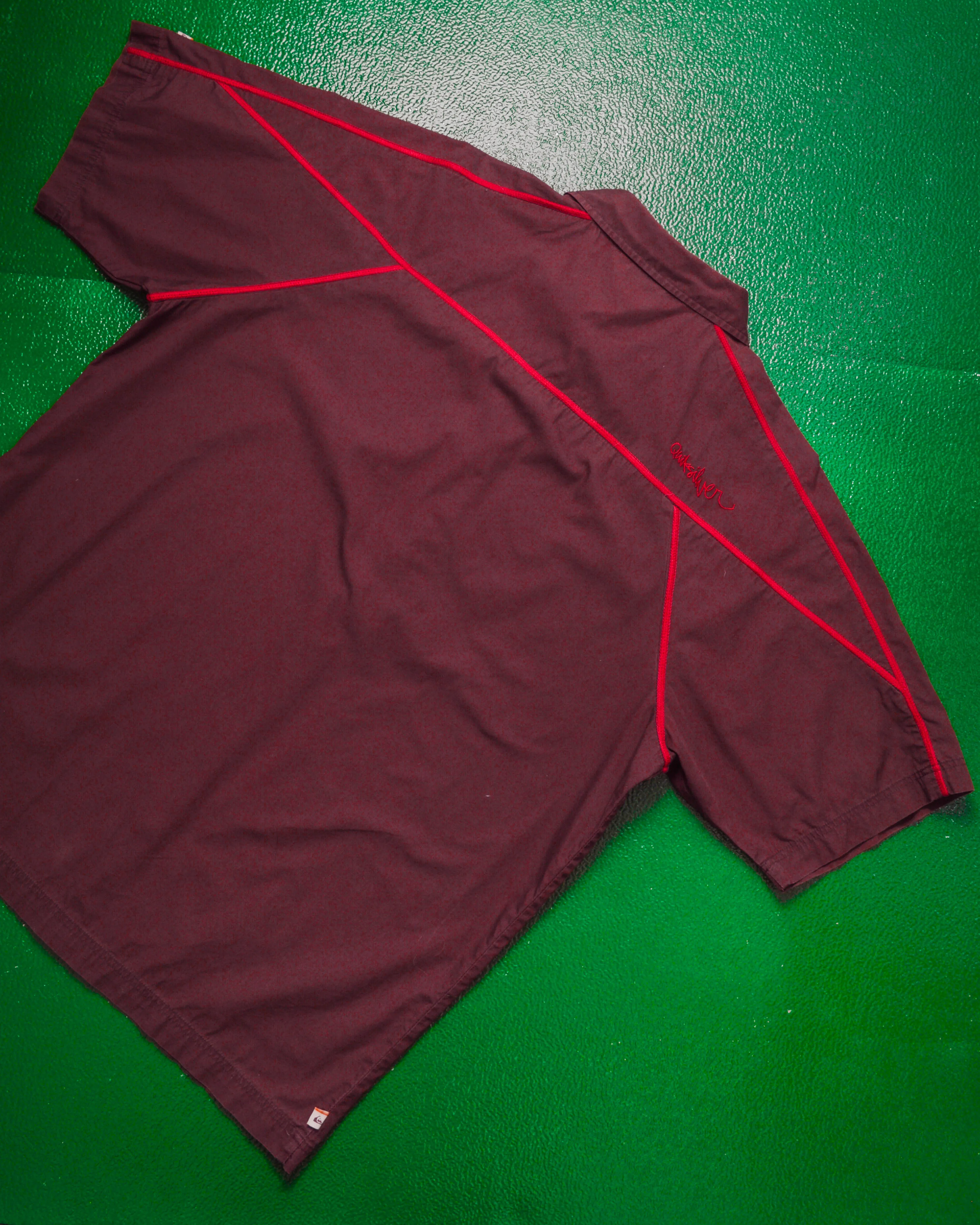 Panelled Contrast Overlocked Stitch Accent Burgundy Snap Button Shirt (L)