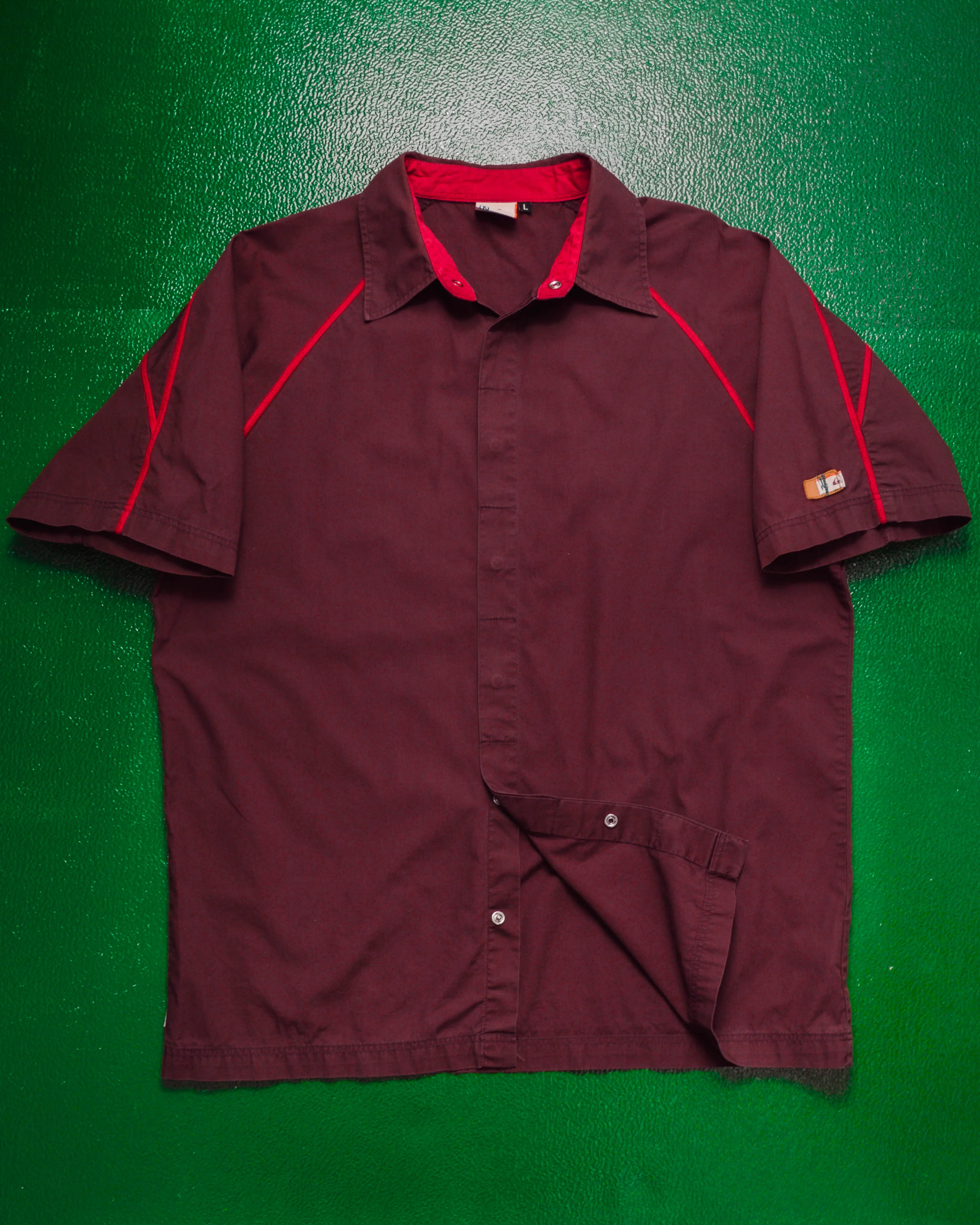 Panelled Contrast Overlocked Stitch Accent Burgundy Snap Button Shirt (L)