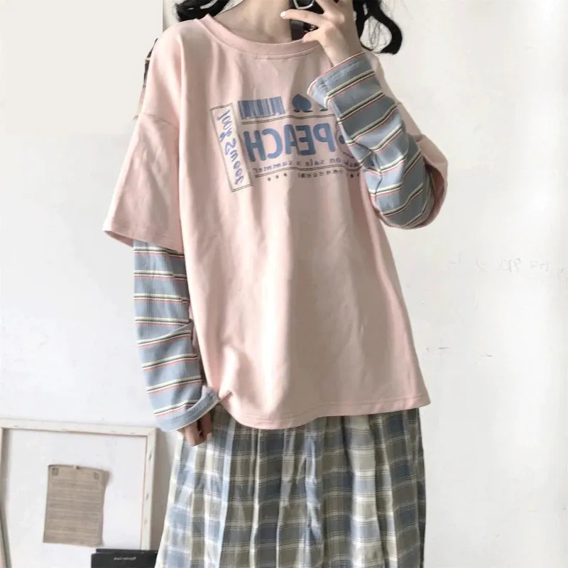 Peach Printed Long Sleeve With Striped Shirt