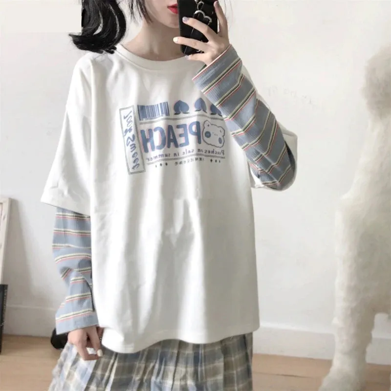 Peach Printed Long Sleeve With Striped Shirt