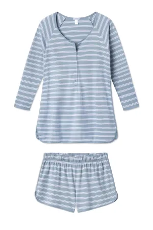 Pima Maternity Long-Short Set in Dusty Blue Stripe