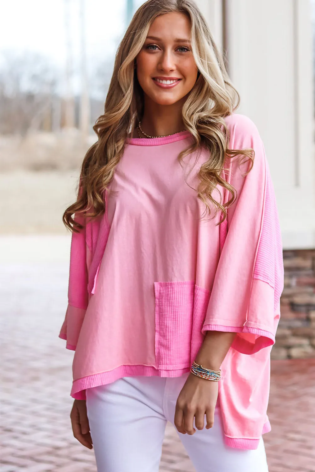 Pink Color Block Patchwork 3/4 Sleeve Loose Top