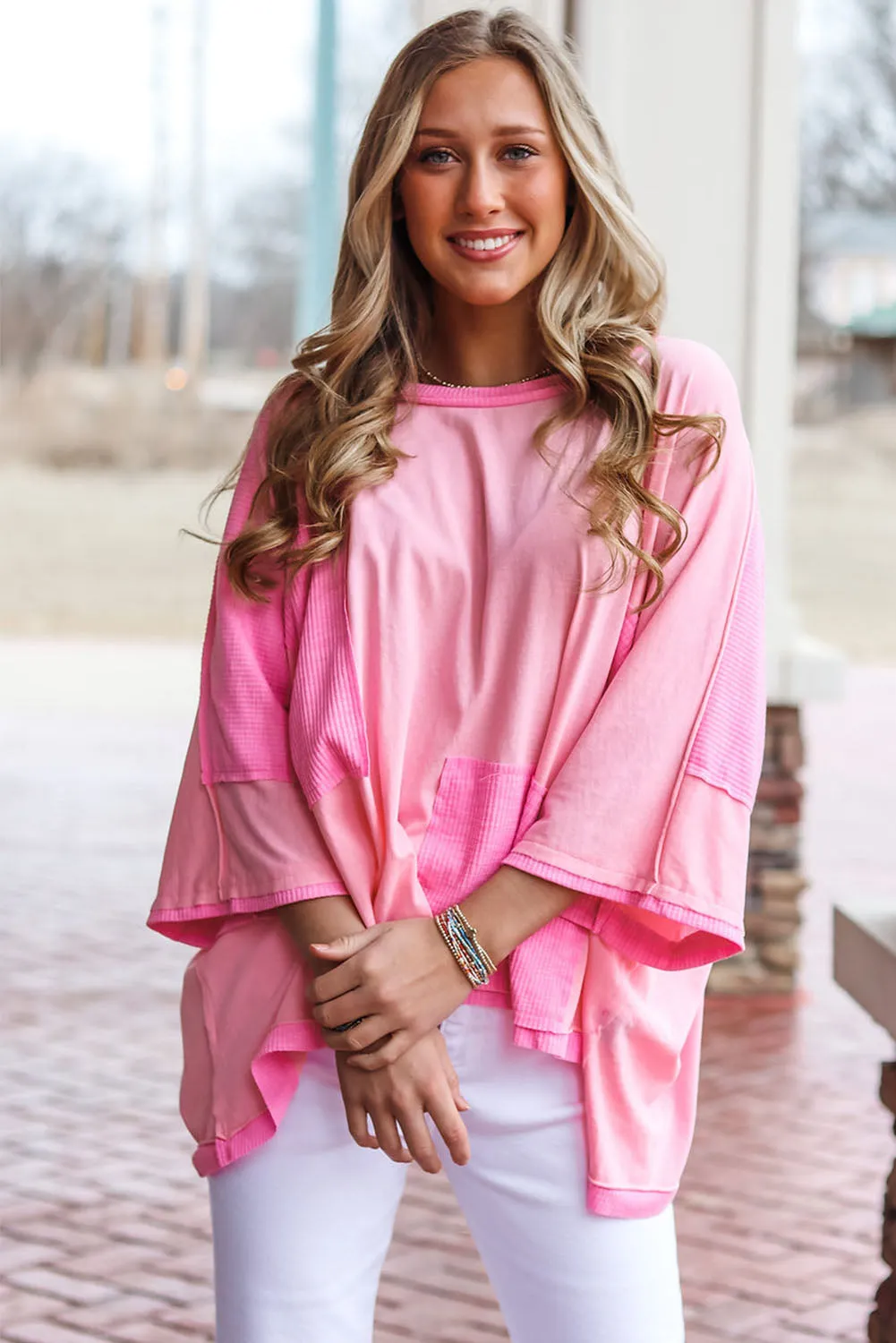 Pink Color Block Patchwork 3/4 Sleeve Loose Top