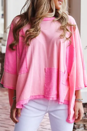 Pink Color Block Patchwork 3/4 Sleeve Loose Top