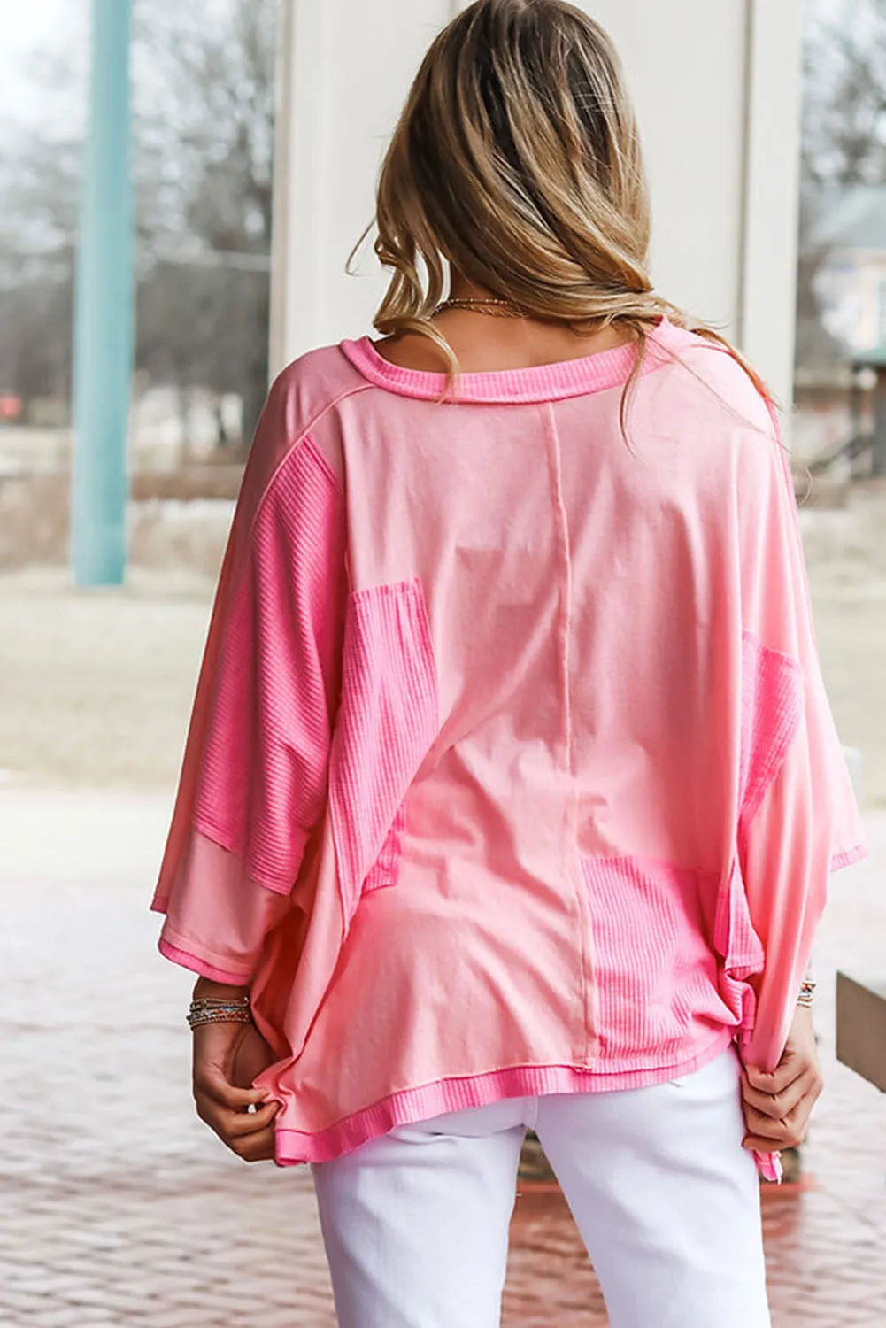 Pink Color Block Patchwork 3/4 Sleeve Loose Top