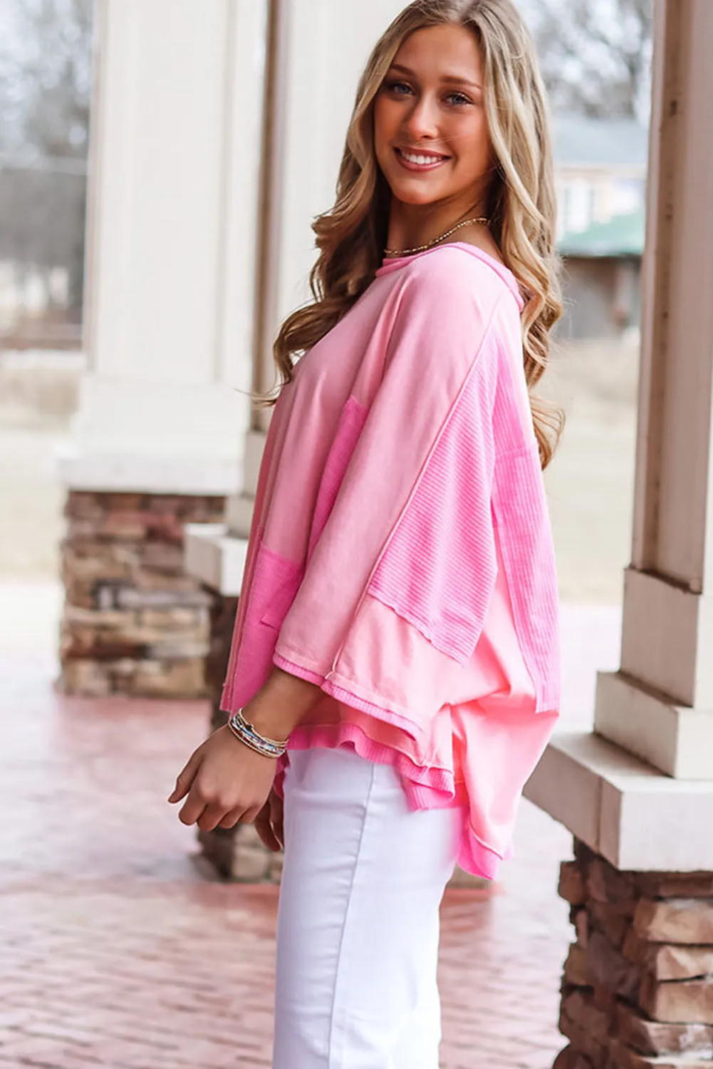 Pink Color Block Patchwork 3/4 Sleeve Loose Top