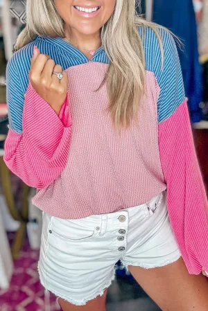 Pink Color Block Patchwork Corded Knit Loose Fit Hoodie