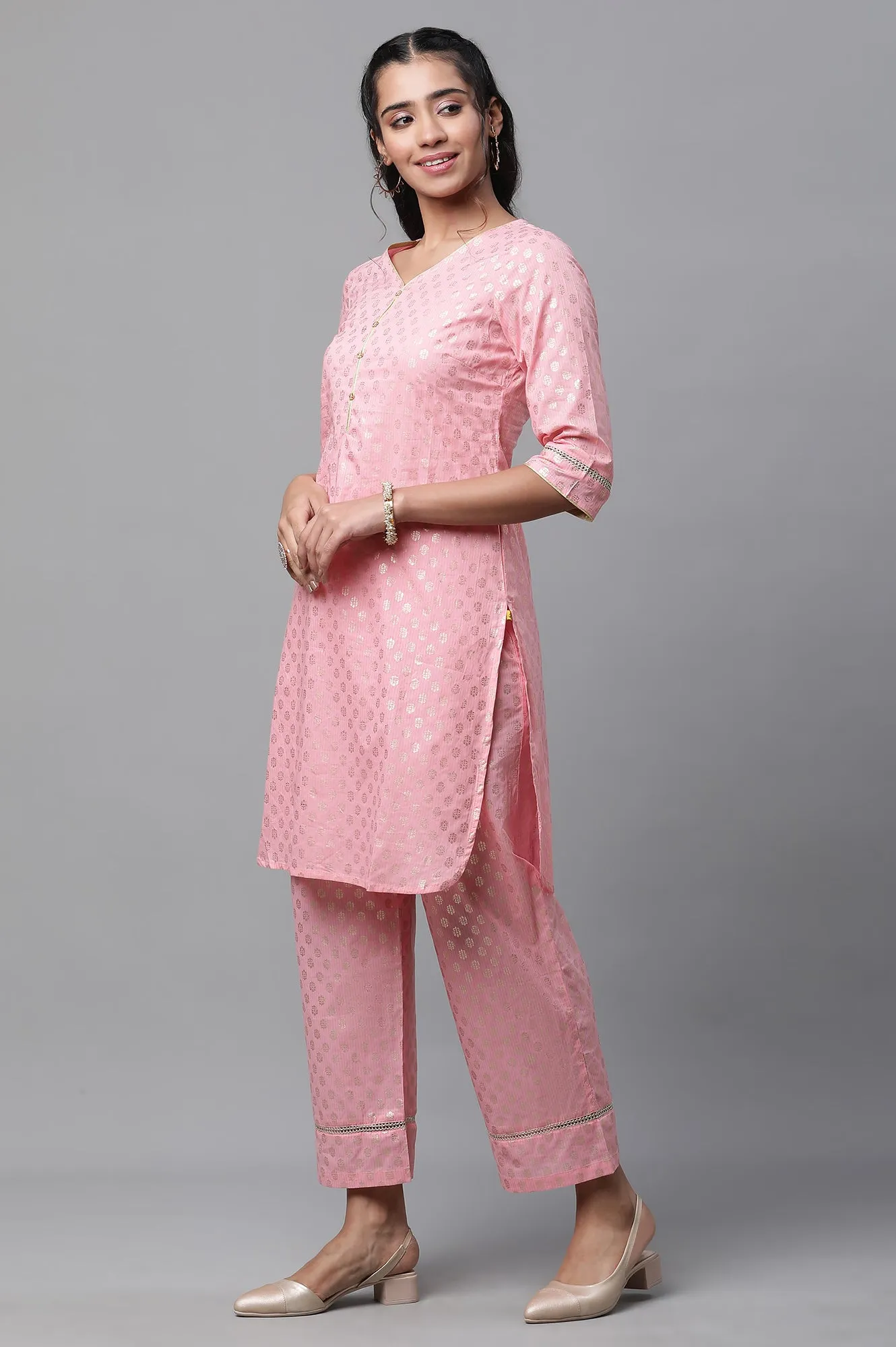 Pink Floral Foil Printed Short Kurta and Pants Co-ord Set