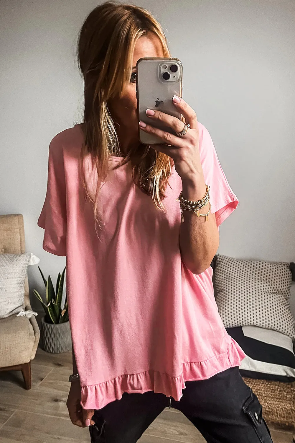 Pink Frilled Hem Loose T-Shirt