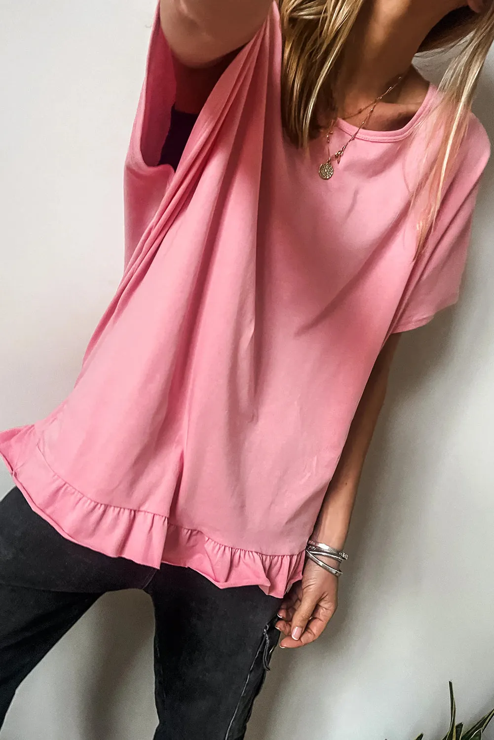 Pink Frilled Hem Loose T-Shirt