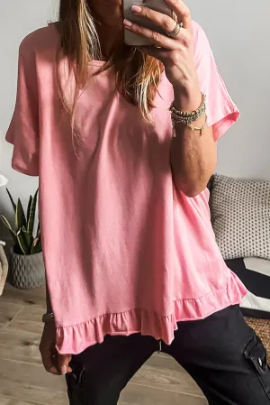 Pink Frilled Hem Loose T-Shirt