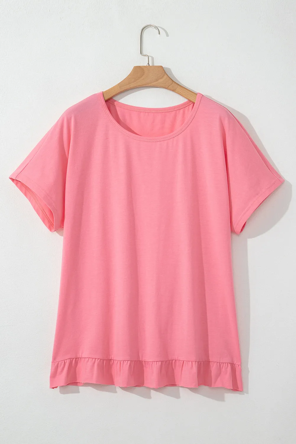 Pink Frilled Hem Loose T-Shirt