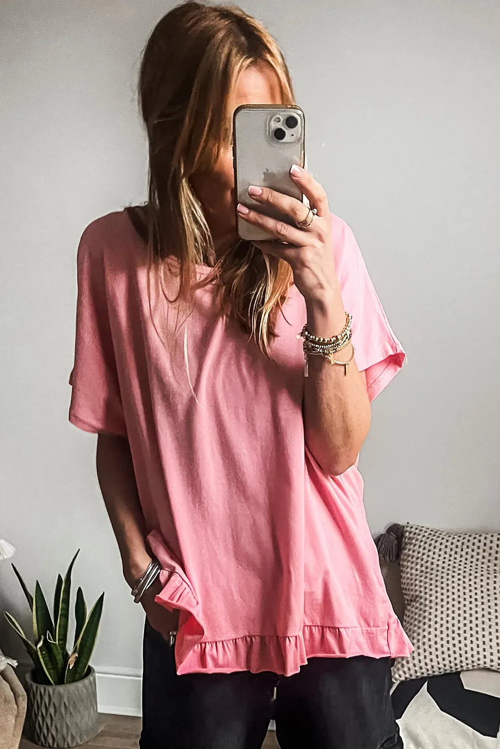 Pink Frilled Hem Loose T-Shirt
