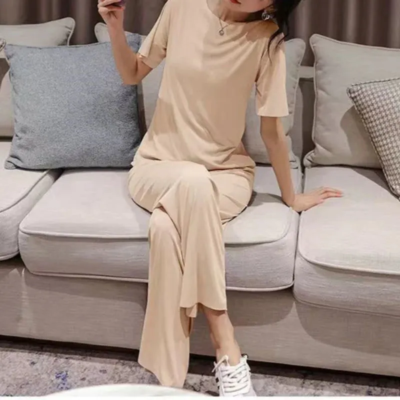 Pyjamas Ice Silk O Neck Thin Top With Elastic Waist Wide Leg Shorts And Long Pants Three Piece Set Sweet Casual Home Wear