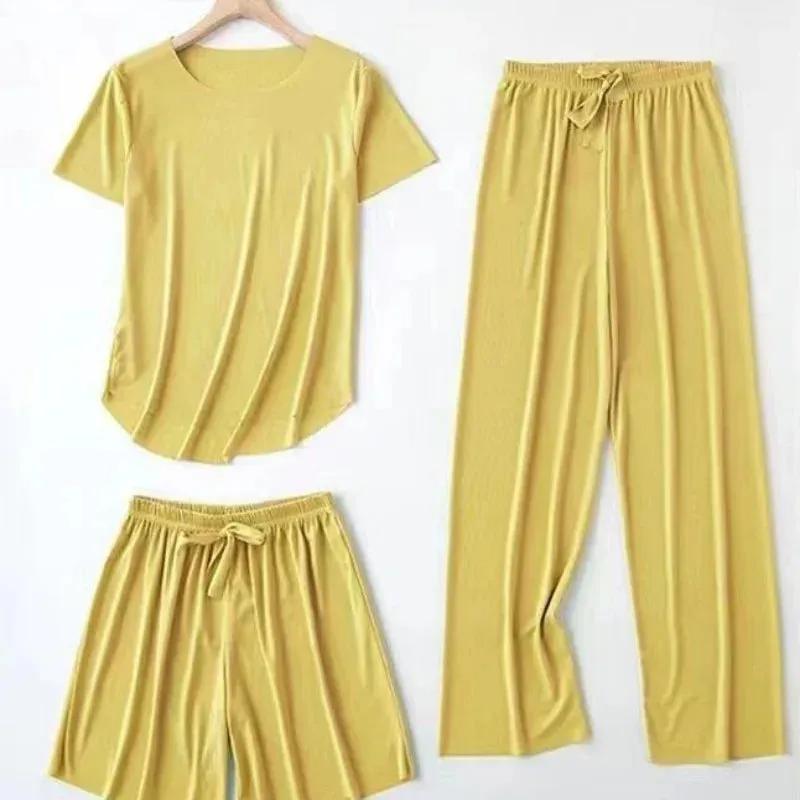 Pyjamas Ice Silk O Neck Thin Top With Elastic Waist Wide Leg Shorts And Long Pants Three Piece Set Sweet Casual Home Wear