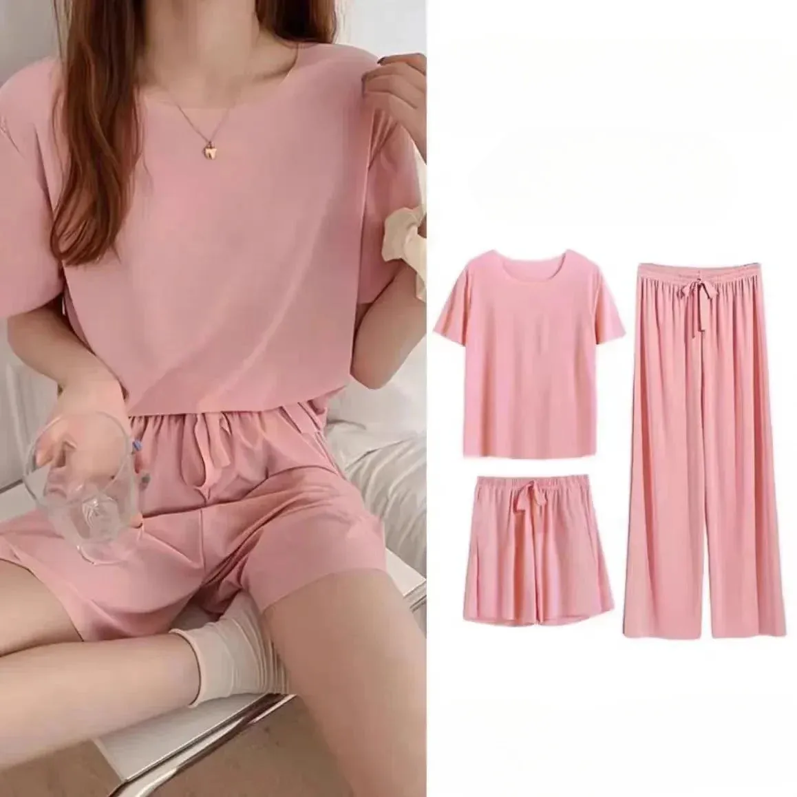 Pyjamas Ice Silk O Neck Thin Top With Elastic Waist Wide Leg Shorts And Long Pants Three Piece Set Sweet Casual Home Wear