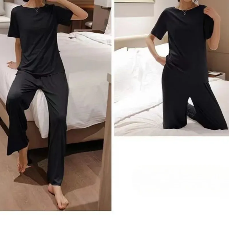 Pyjamas Ice Silk O Neck Thin Top With Elastic Waist Wide Leg Shorts And Long Pants Three Piece Set Sweet Casual Home Wear