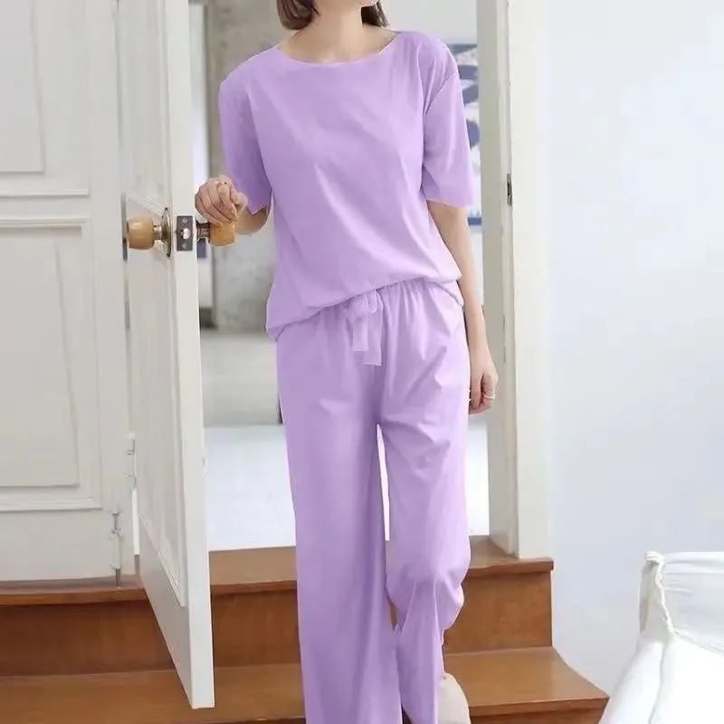 Pyjamas Ice Silk O Neck Thin Top With Elastic Waist Wide Leg Shorts And Long Pants Three Piece Set Sweet Casual Home Wear
