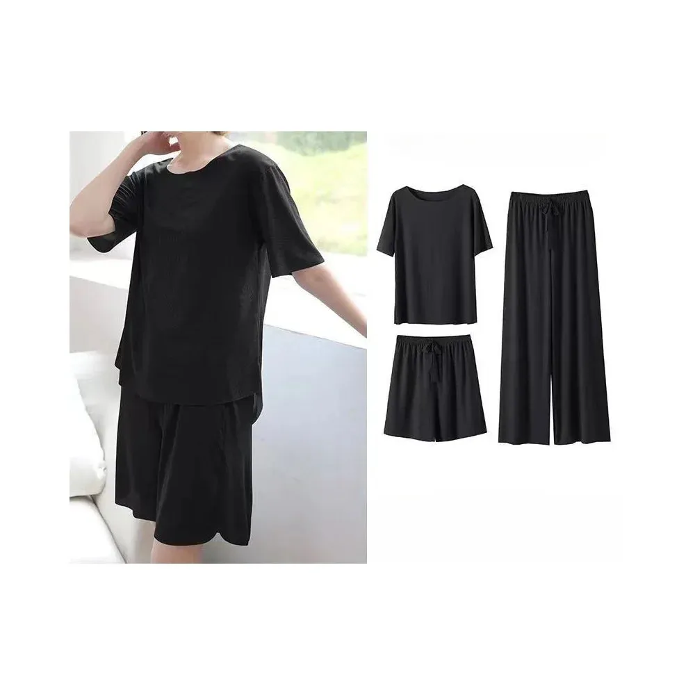Pyjamas Ice Silk O Neck Thin Top With Elastic Waist Wide Leg Shorts And Long Pants Three Piece Set Sweet Casual Home Wear