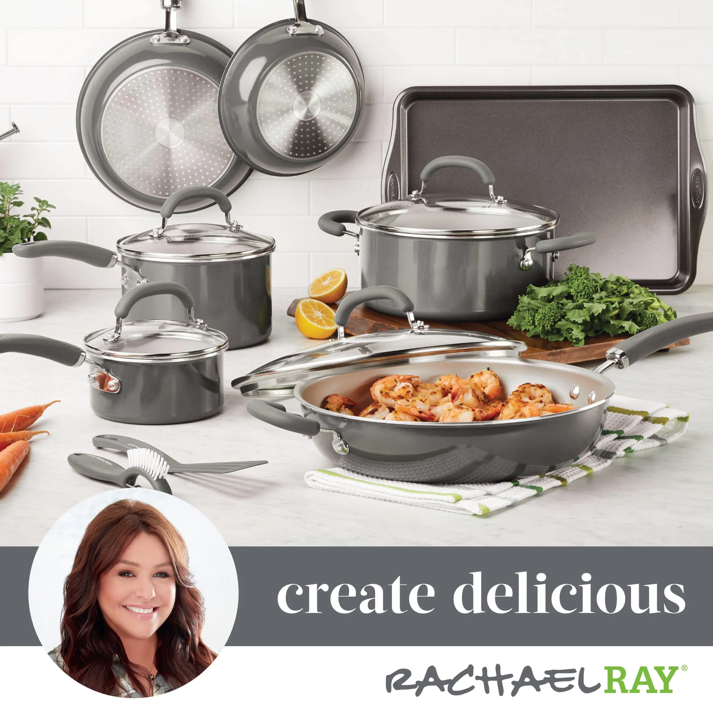 Rachael Ray Create Delicious Nonstick Cookware Induction Pots and Pans Set, 13 Piece - Gray Shimmer
