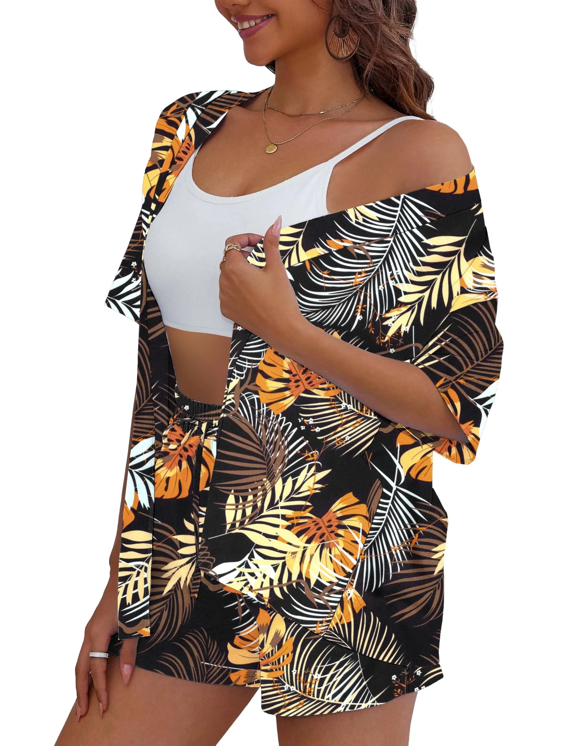 REDHOTYPE Women's Vacation Outfits Cover Ups Tropical Print Shorts Set Kimono Style Summer Beachwear Yellow Tropical,M