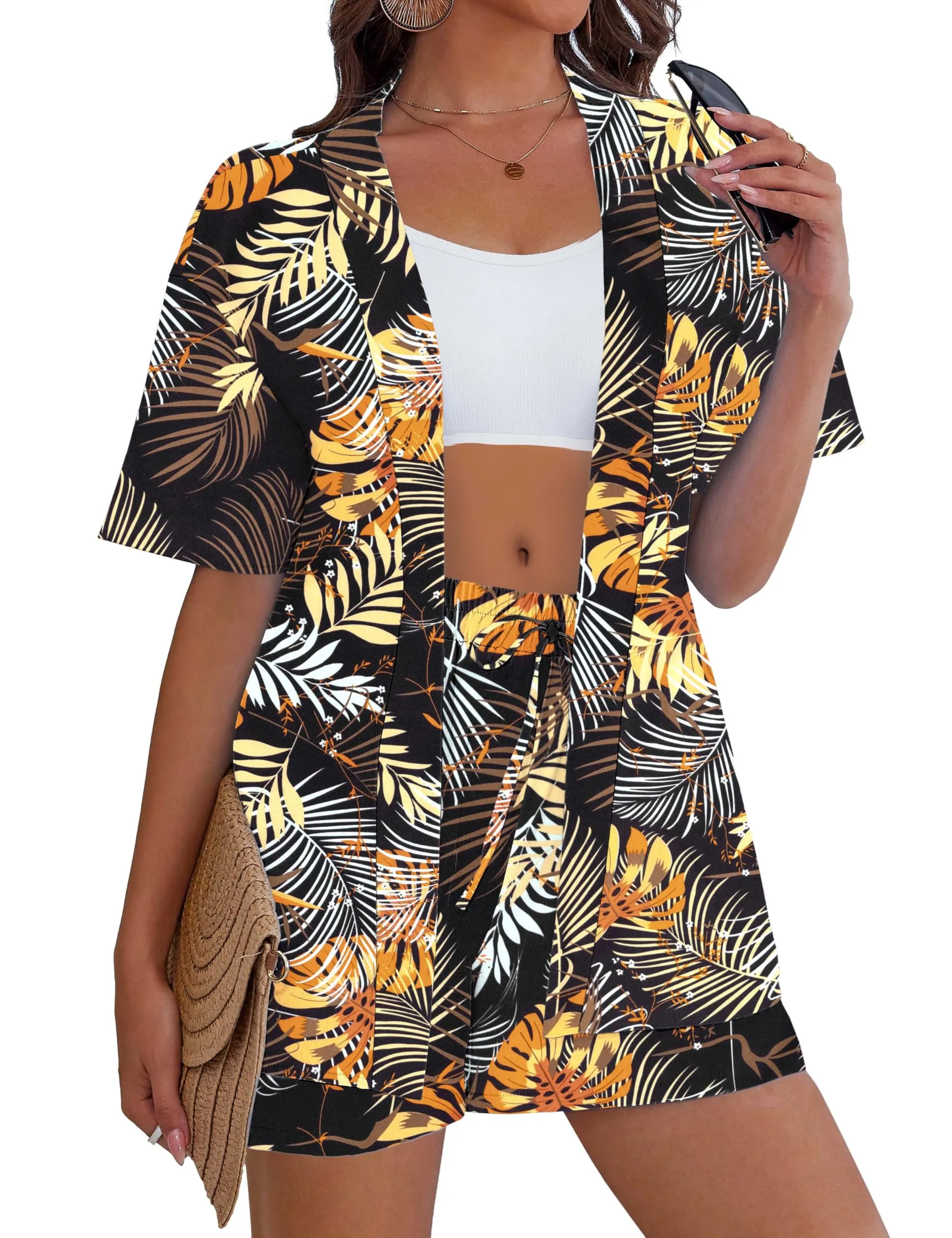 REDHOTYPE Women's Vacation Outfits Cover Ups Tropical Print Shorts Set Kimono Style Summer Beachwear Yellow Tropical,M