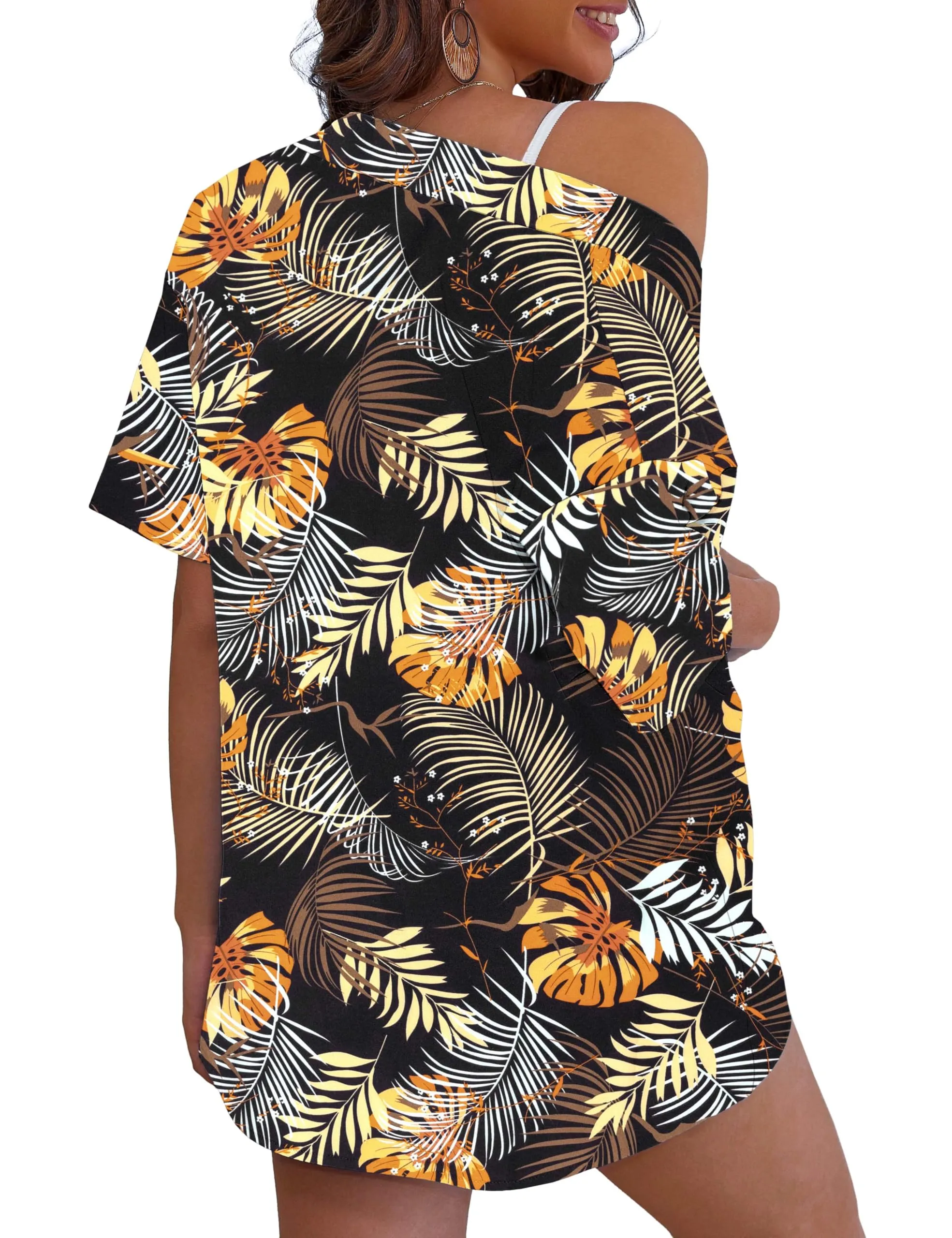 REDHOTYPE Women's Vacation Outfits Cover Ups Tropical Print Shorts Set Kimono Style Summer Beachwear Yellow Tropical,M
