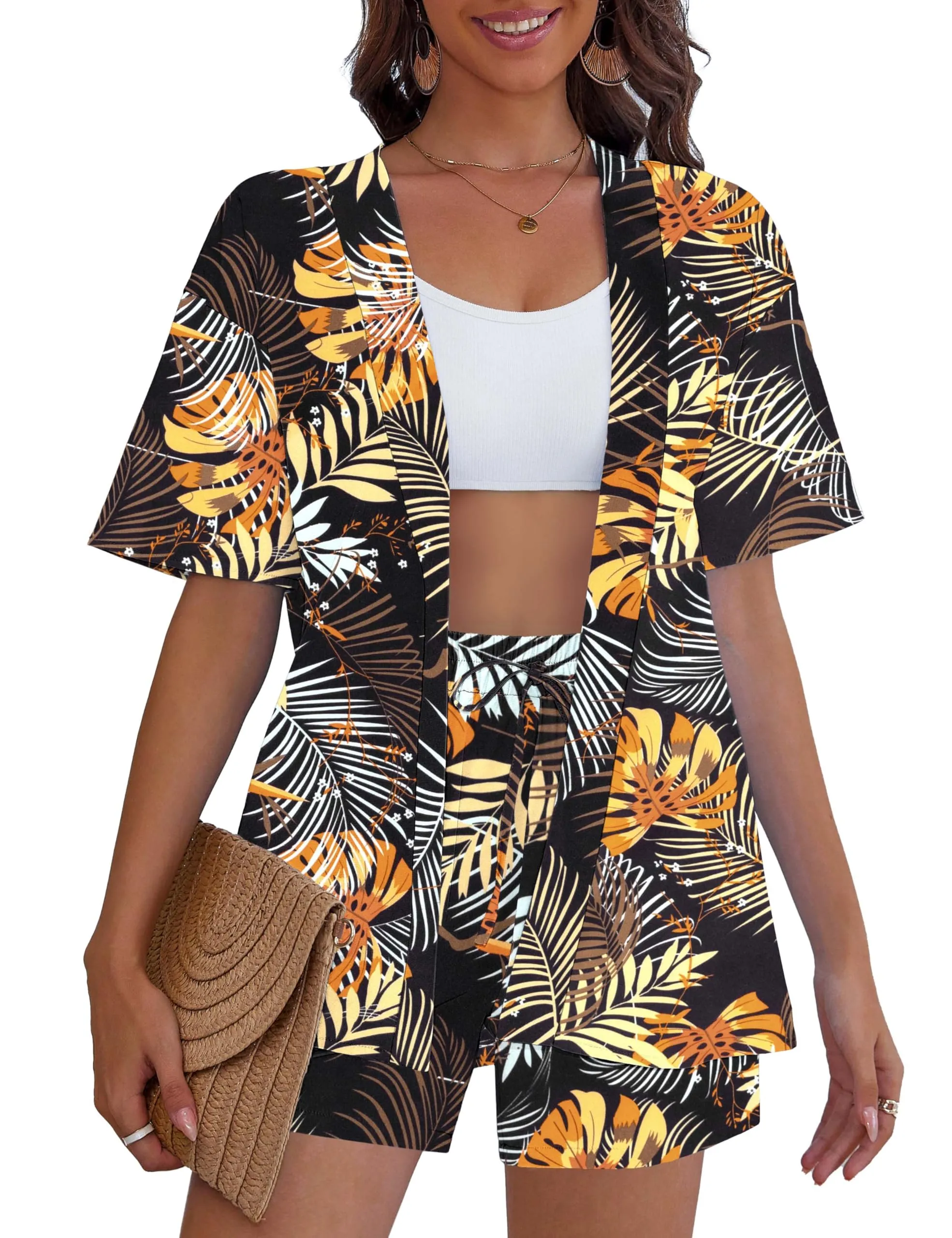 REDHOTYPE Women's Vacation Outfits Cover Ups Tropical Print Shorts Set Kimono Style Summer Beachwear Yellow Tropical,M