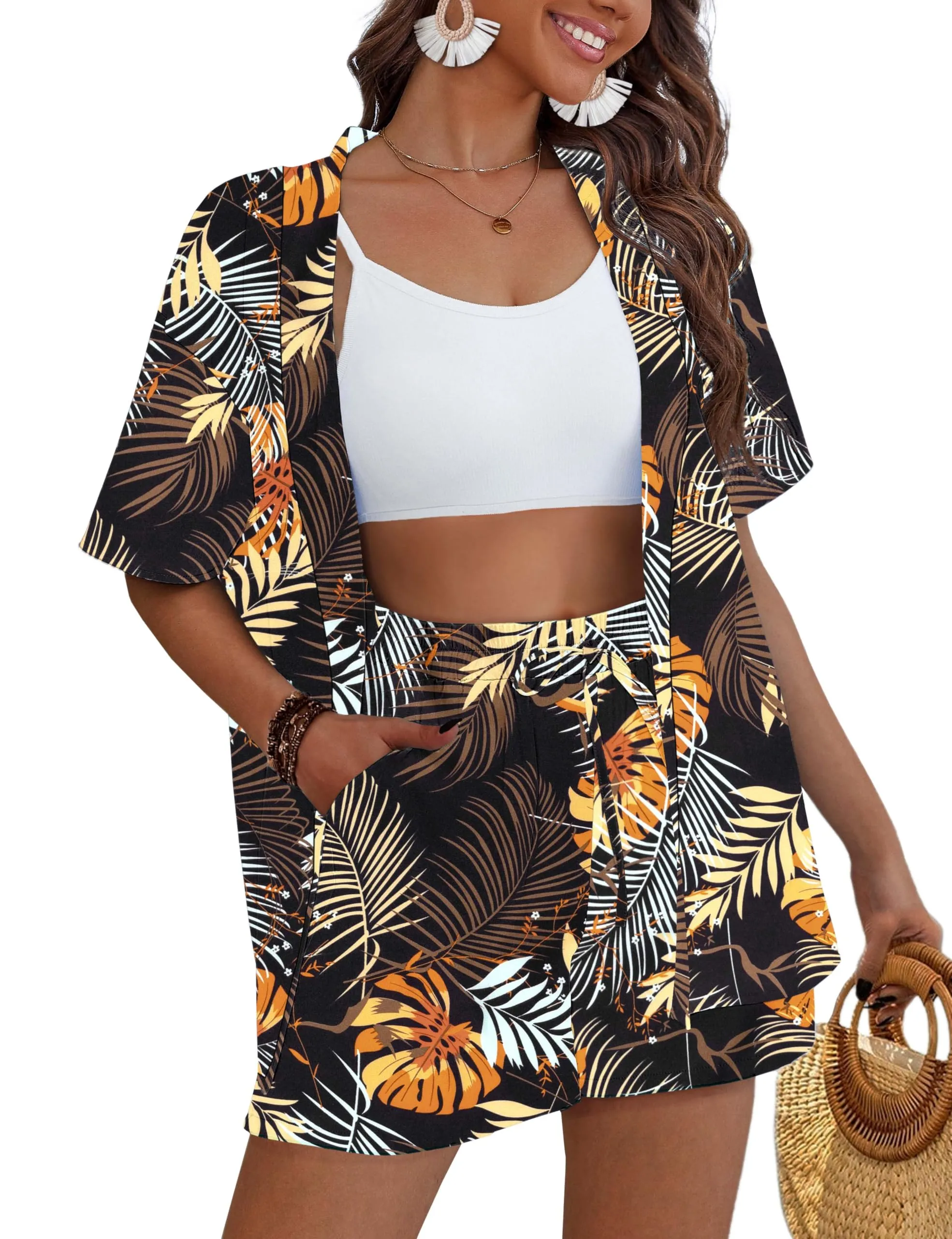 REDHOTYPE Women's Vacation Outfits Cover Ups Tropical Print Shorts Set Kimono Style Summer Beachwear Yellow Tropical,M