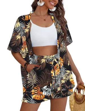 REDHOTYPE Women's Vacation Outfits Cover Ups Tropical Print Shorts Set Kimono Style Summer Beachwear Yellow Tropical,M