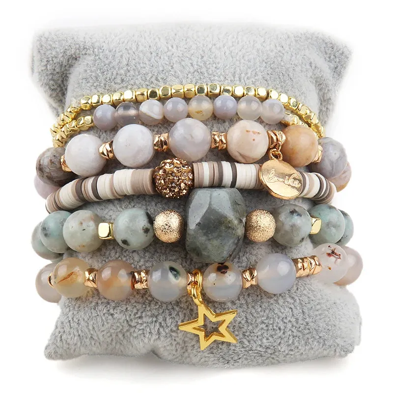 RH Fashion Bohemia Beaded Bracelet Sets Heart Charm 6pc Stack Bracelets Set For Women Jewelry Gift