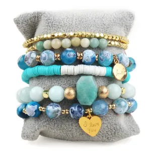 RH Fashion Bohemia Beaded Bracelet Sets Heart Charm 6pc Stack Bracelets Set For Women Jewelry Gift