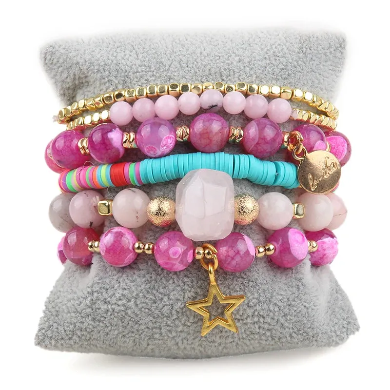 RH Fashion Bohemia Beaded Bracelet Sets Heart Charm 6pc Stack Bracelets Set For Women Jewelry Gift