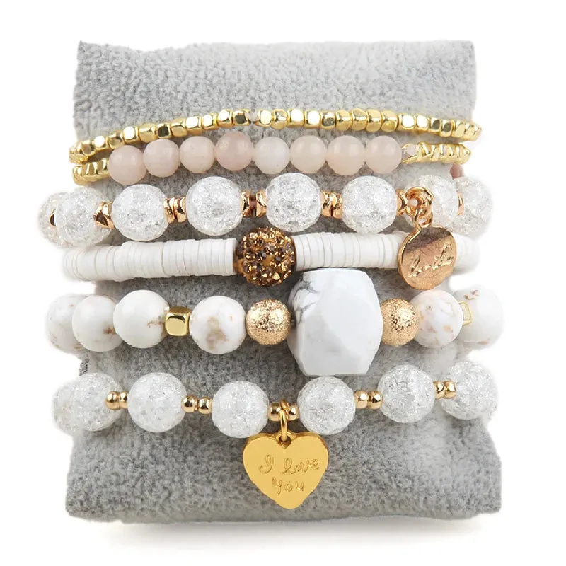 RH Fashion Bohemia Beaded Bracelet Sets Heart Charm 6pc Stack Bracelets Set For Women Jewelry Gift